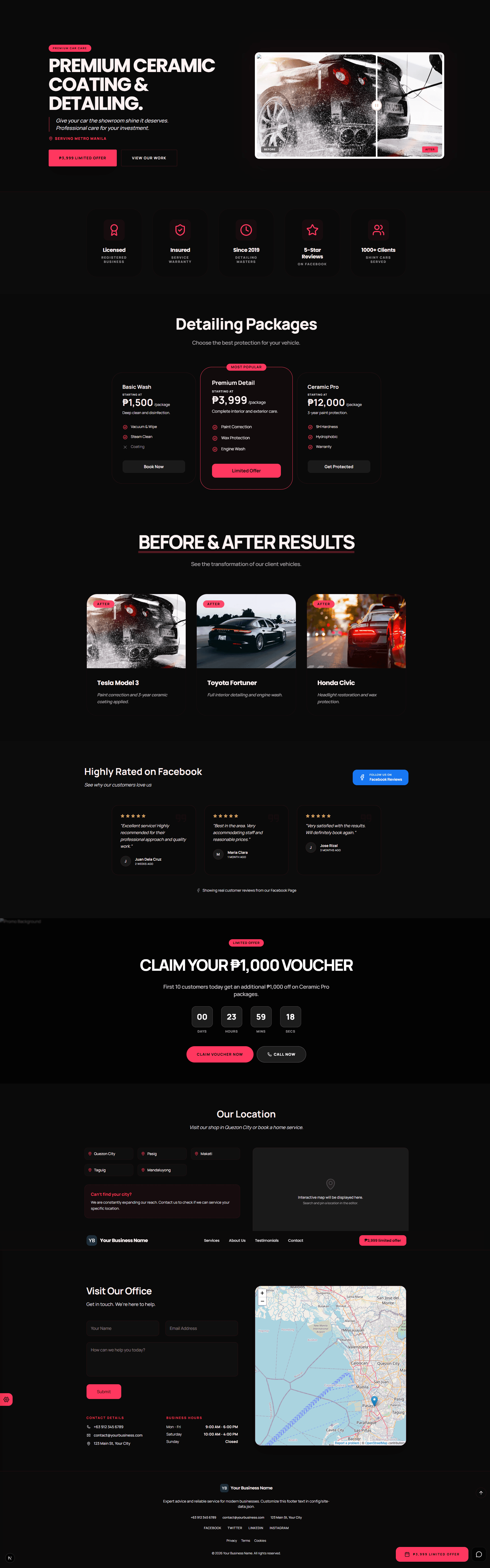 Car Detailing website template preview in dark mode