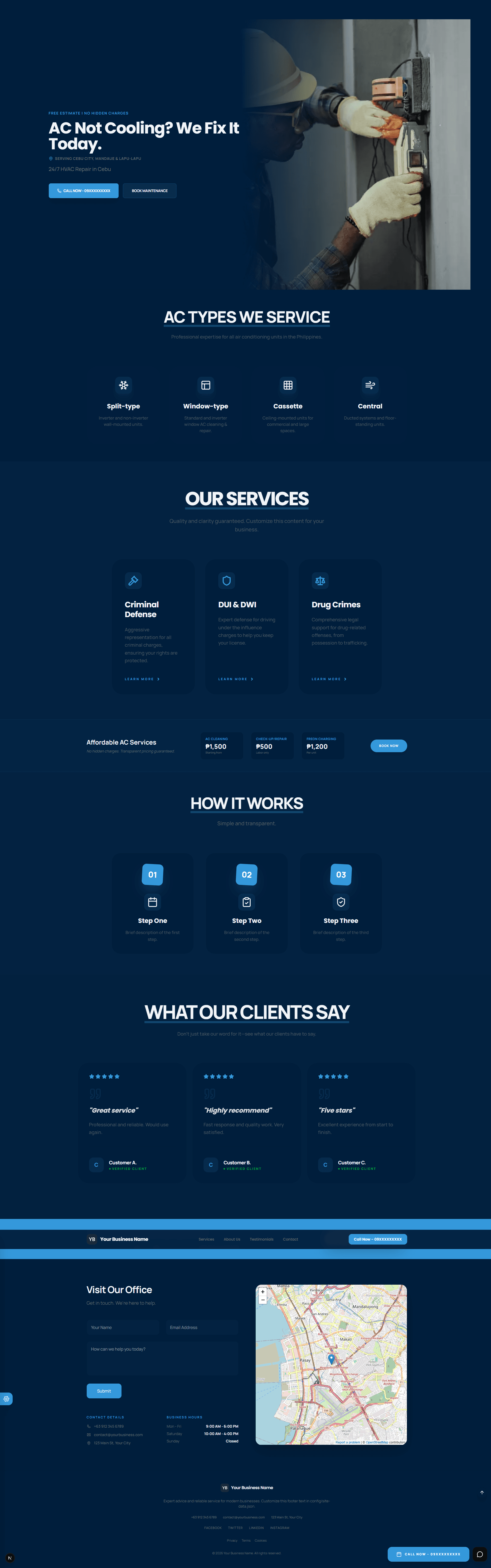 HVAC Services website template preview in dark mode