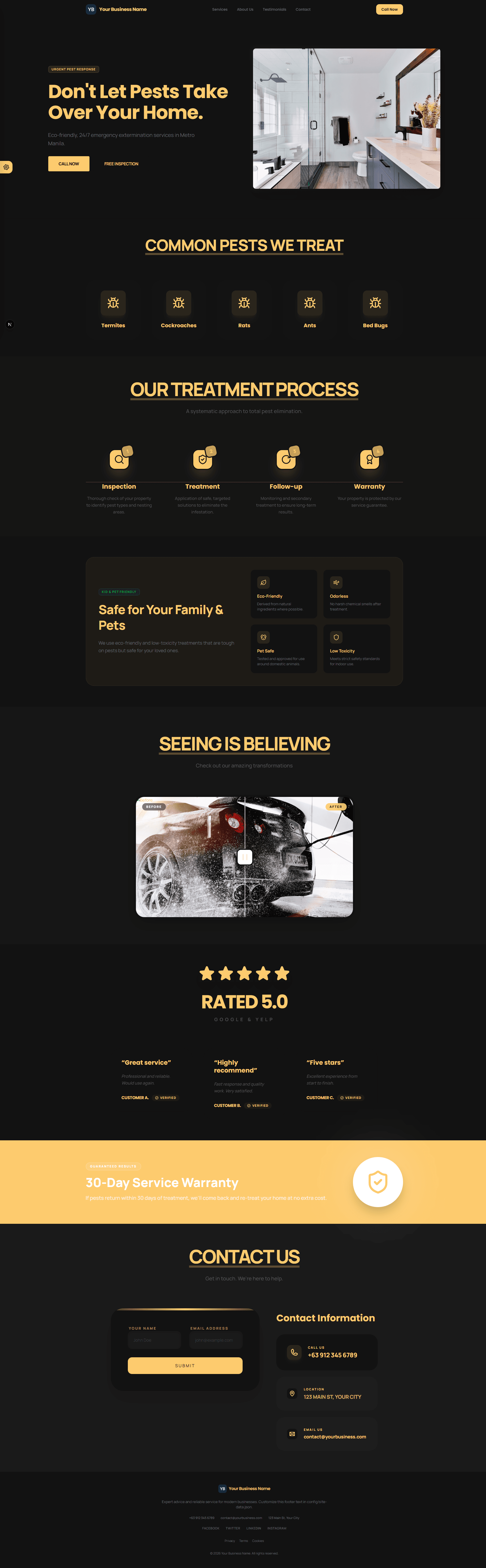 Pest Control website template preview in dark mode