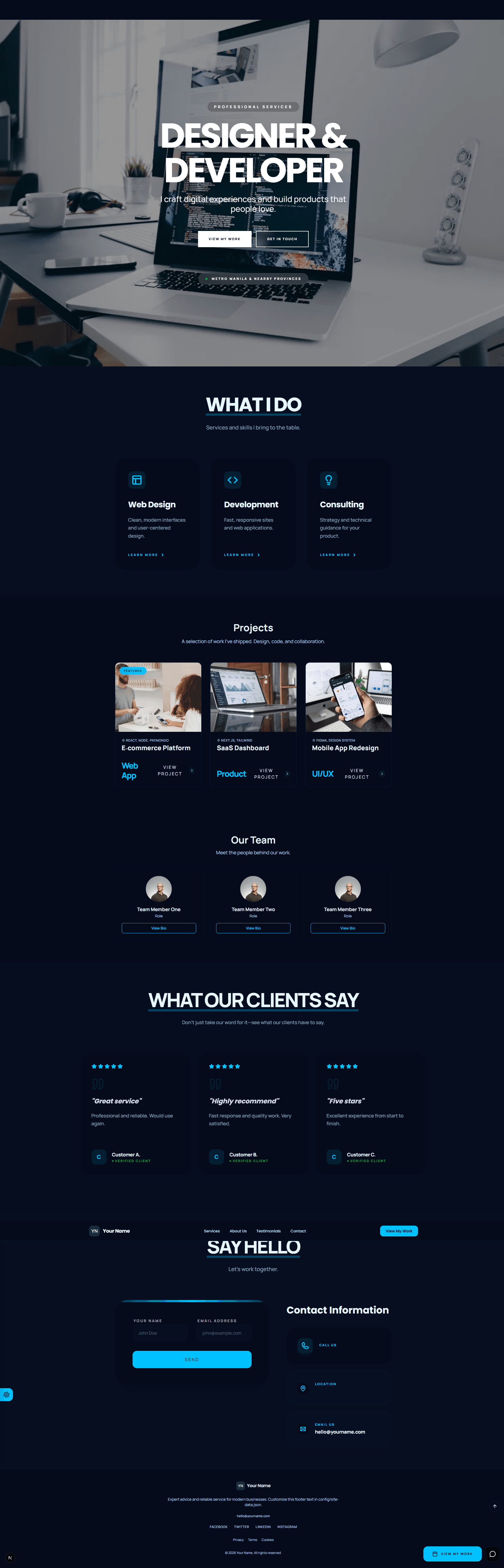 Portfolio website template preview in dark mode