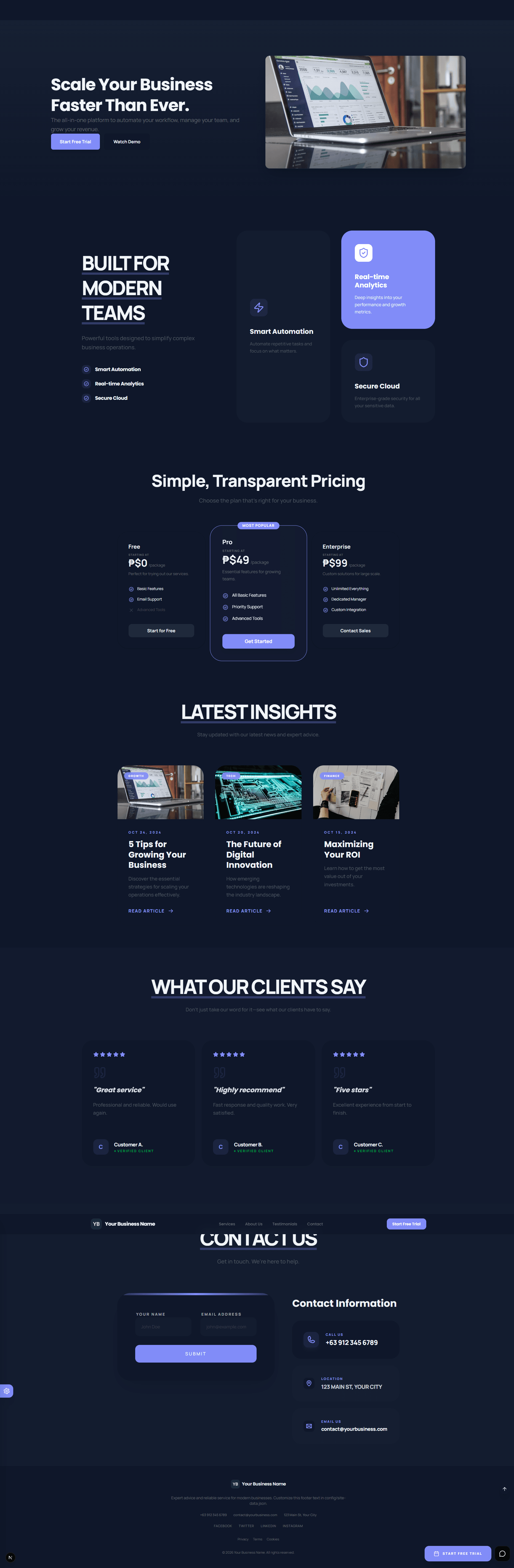 Startup website template preview in dark mode